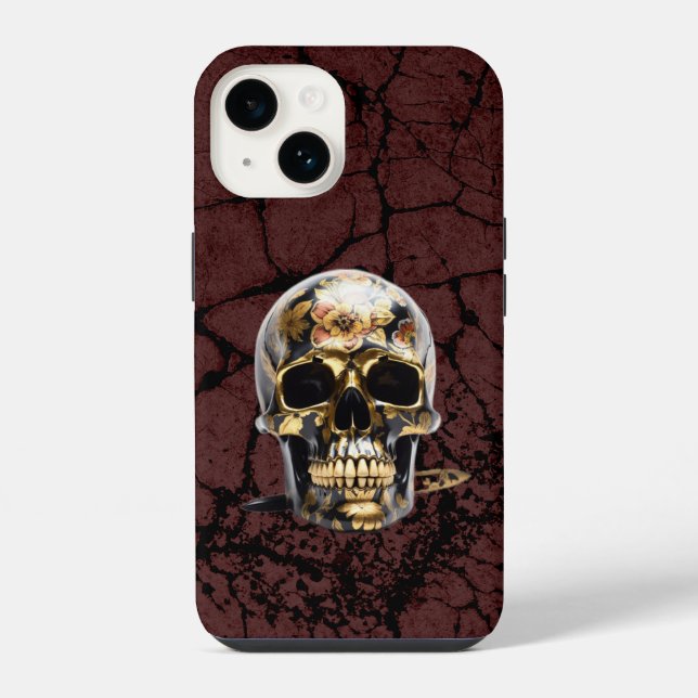 Coque iPhone Housse grunge iPhone noir et crâne doré  (Verso)