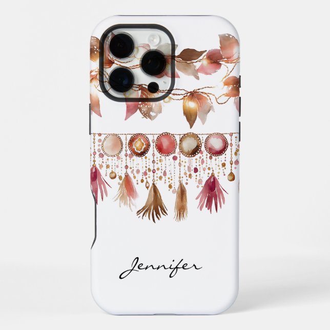 Coque iPhone Housse iPhone aquarelle boho feuille plume indienn (Verso)