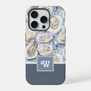 Coque iPhone 15 Pro Huitres et perles bleu gris tan monogramme initial