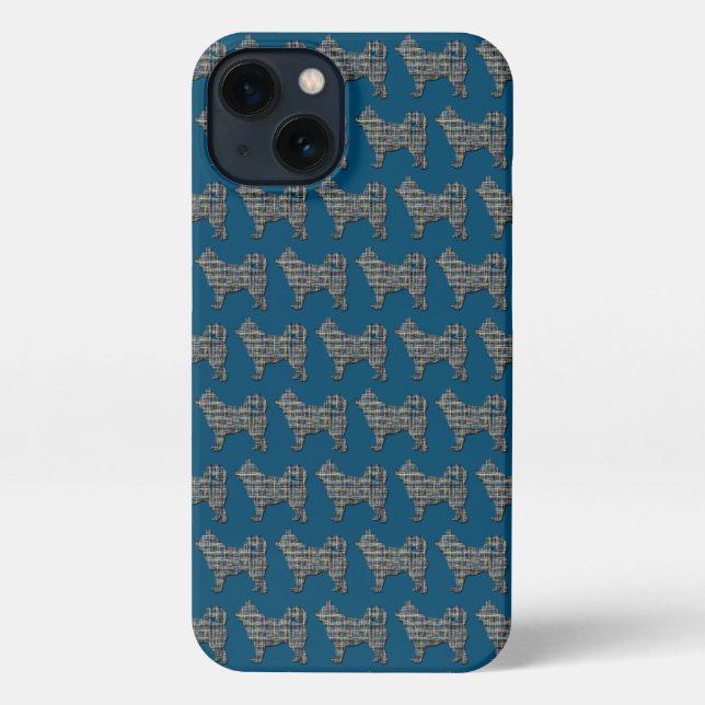 Coque iPhone Husky Sibérien mignon Chien Silhouette Grille Bleu (Verso)