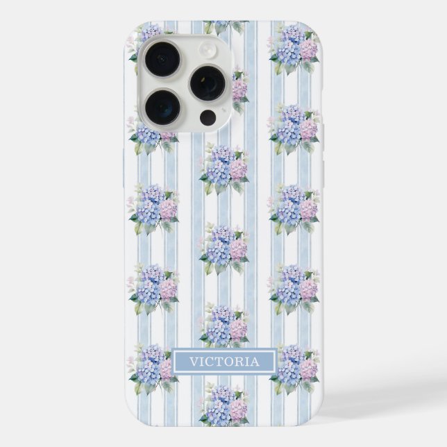 Coque iPhone Hydrangeas Bleus et Roses Monogrammées (Verso)
