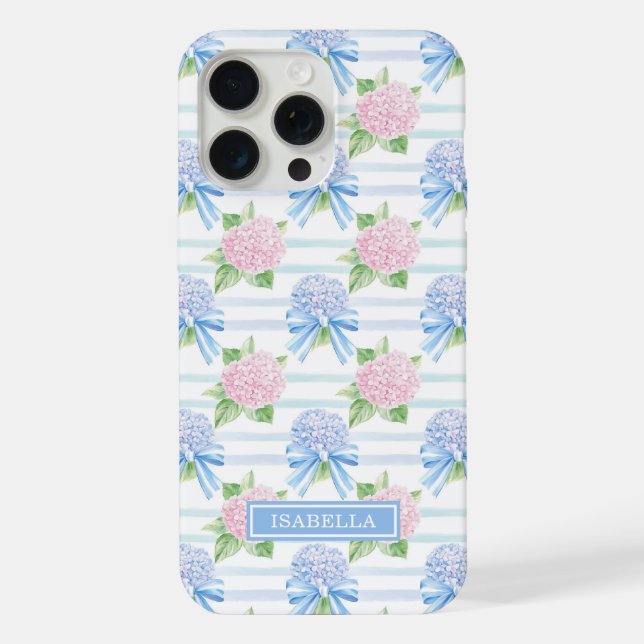 Coque iPhone Hydrangeas Rayés Rose et Bleu (Verso)