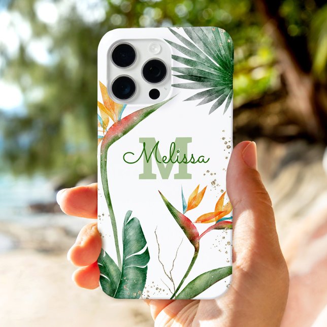 Coque iPhone Ile tropicale Monogramme Floral Script Or Blanc (Créateur téléchargé)