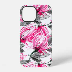 Coque iPhone 12 Illustration aquarelle et encre de fleur rouge ave