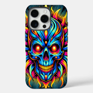 Coque iPhone 16 Pro Illustration de crâne avec néon électrique lumineu