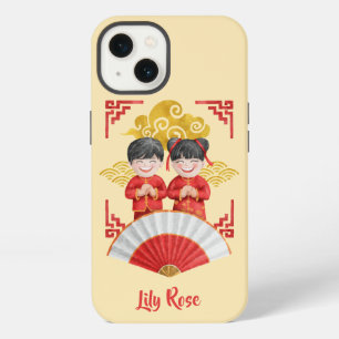 Etui iPhone 13 Illustration de garçon et fille asiatiques - Rouge