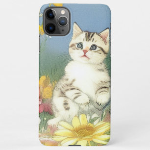 Coque iPhone 11Pro Max Illustration de Kitten vintage avec Fleurs Jaunes
