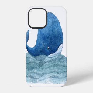 Coque iPhone 12 Illustration de l'aquarelle de la baleine bleue mi
