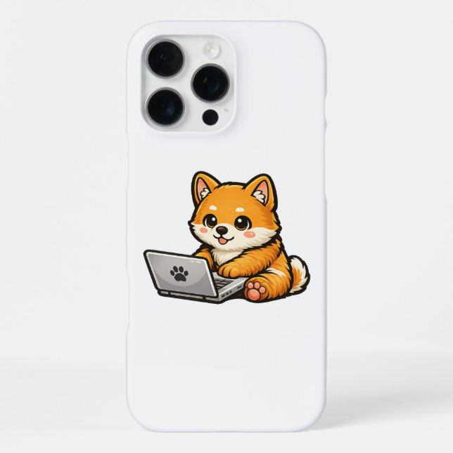 Coque iPhone Illustration de Shiba Inu mignon avec ordinateur p (Verso)
