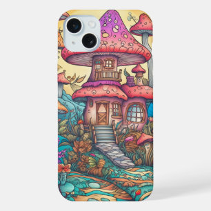 Coque iPhone 15 Plus Illustration d'une cabane de champignons créative