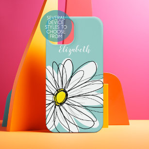 Coque iPhone Illustration florale de la marguerite - jaune turq