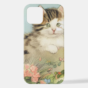 Coque iPhone 12 Illustration vintage de chat avec fleurs roses