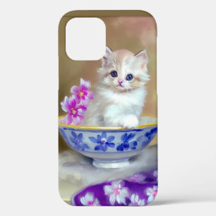 Coque iPhone 12 Illustration vintage de chaton blanc