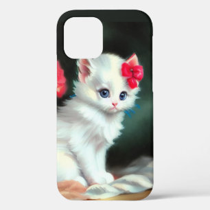 Coque iPhone 12 Illustration vintage de Kitten blanc avec fleurs r