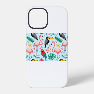 Coque iPhone 12 Illustrations aquarelles d'oiseaux, fleur tropical