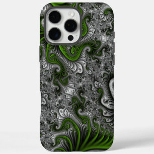 Coque iPhone 16 Pro Max Imaginaire Monde Vert Et Gris Art Fractal Abstrait