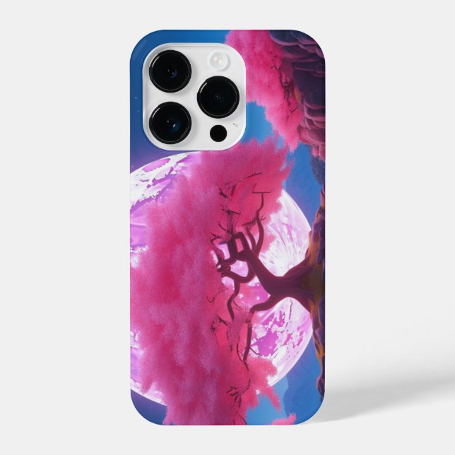 Coque iPhone Imaginaire rose cerisier fleuri Arbre rose Lune (Verso)