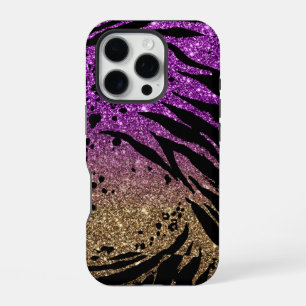 Coque iPhone 16 Pro Impression d'animal sur paillettes violettes et do