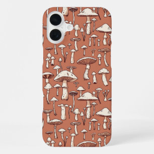 Coque iPhone 16 Plus Impression de champignon sur marron terre cuite