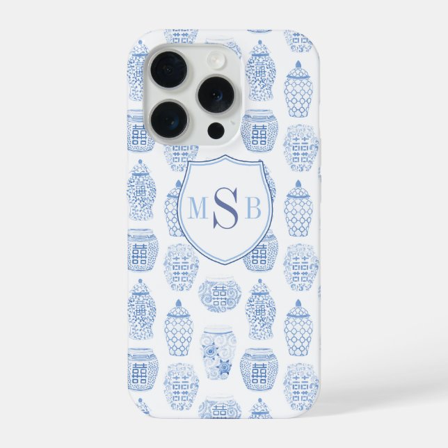 Coque iPhone Impression de Chine Bleue et Blanche avec Monogram (Verso)