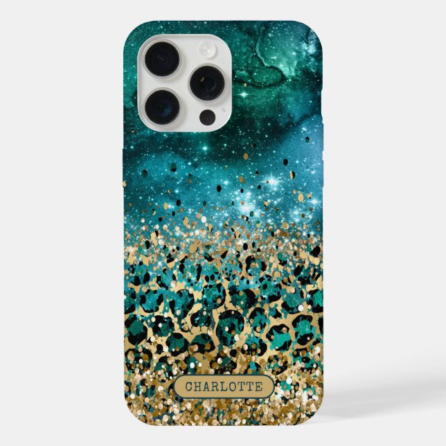 Coque iPhone Impression de léopard sarcelle or Nom personnalisé (Verso)