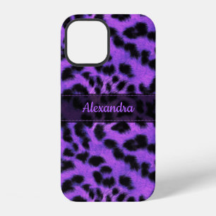 Coque iPhone 12 Impression de peau de léopard des neiges violet, n