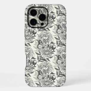 Coque iPhone 16 Pro Max Impression de pivoines et de papillons en noir et