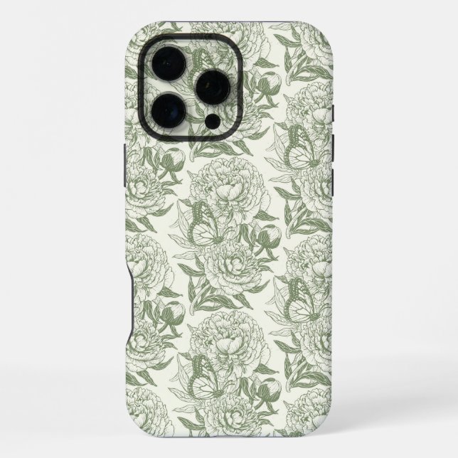 Coque iPhone Impression de pivoines et de papillons sur fond ve (Verso)