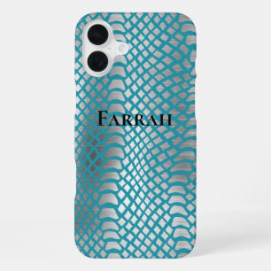 Coque iPhone 16 Plus Impression de serpent d'argent bleu turquoise
