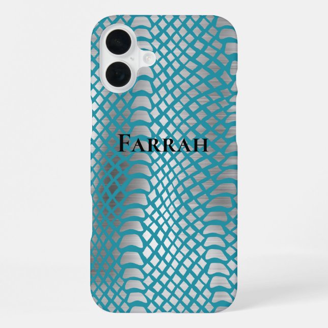 Coque iPhone Impression de serpent d'argent bleu turquoise (Verso)