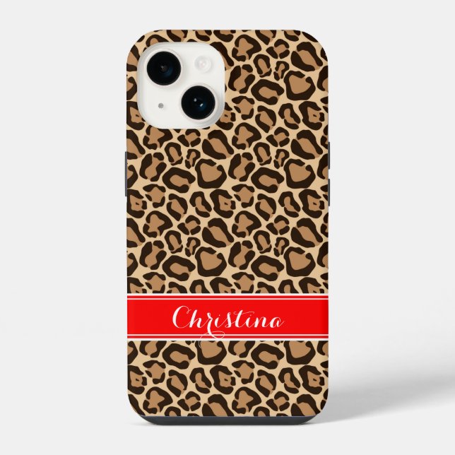 Coque iPhone Impression léopard rouge et marron avec monogramme (Verso)