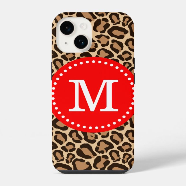 Coque iPhone Impression léopard rouge et marron avec monogramme (Verso)