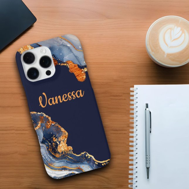 Coque iPhone Impression Marbre Personnalisée Bleu Navy et Or (Créateur téléchargé)