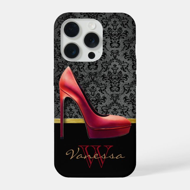 Coque iPhone Impression Rouge Haut talon et Damas avec Monogram (Verso)