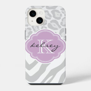 Coque Pour iPhone 14 Imprimé animal gris et lilas avec monogramme