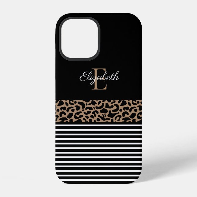 Coque iPhone Imprimé animal léopard noir Monogramme chic (Verso)