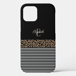 Coque iPhone 12 Imprimé animal léopard noir Monogramme chic