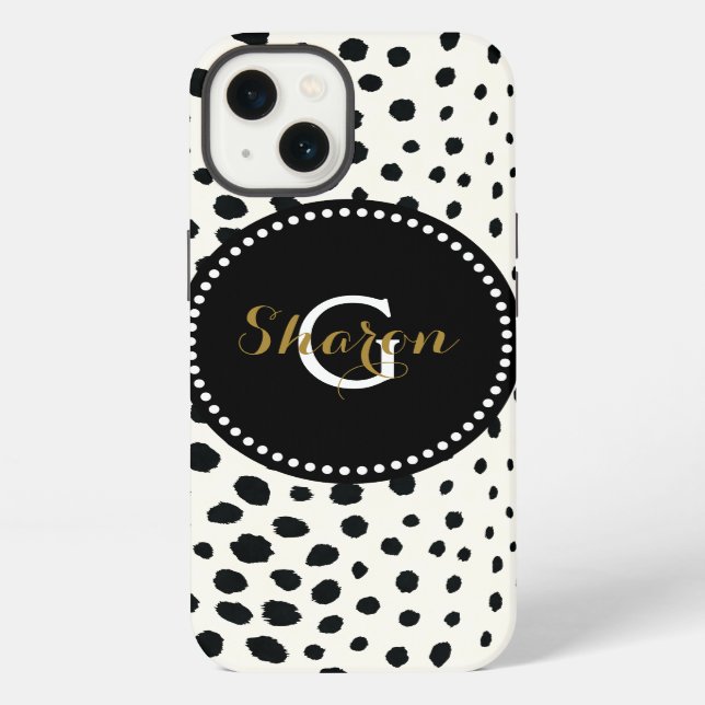 Coque iPhone Imprimé chic guépard noir blanc avec monogramme (Verso)