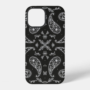 Coque iPhone 12 Imprimé d'ornement de bandana Paisley noir et blan