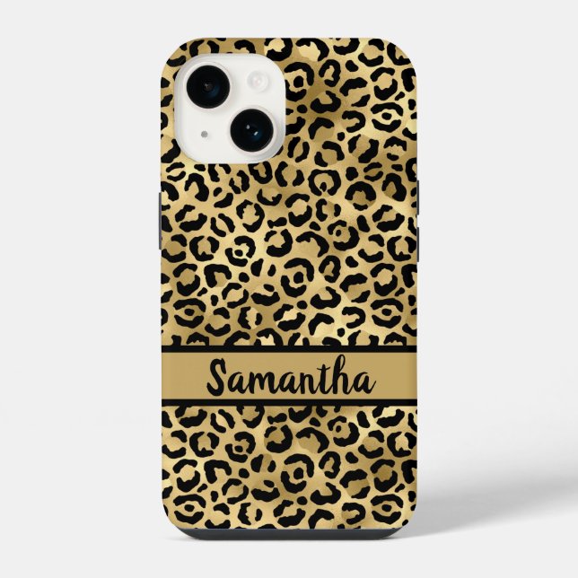 Coque iPhone Imprimé léopard guépard noir or Monogram (Verso)