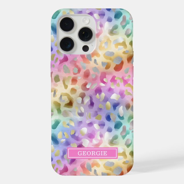 Coque iPhone Imprimé léopard iridescent pastel monogrammé (Verso)