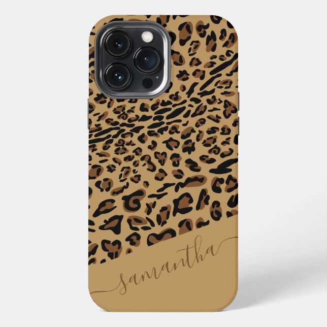 Coque iPhone Imprimé léopard marron noir Nom élégant en script (Verso)