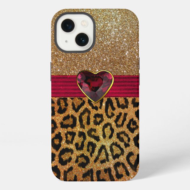 Coque iPhone Imprimé léopard pailleté or et cœur rubis (Verso)
