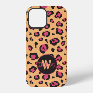 Coque iPhone 12 Imprimé léopard rose et noir avec monogramme