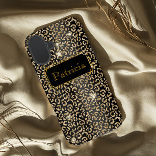 Coque iPhone 16 Plus Imprimé pailleté léopard glamour noir et or