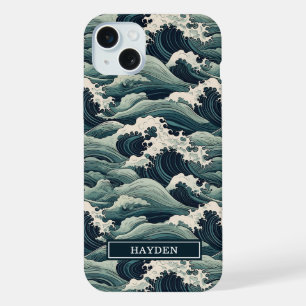 Coque iPhone 15 Plus Imprimé Vagues Japonaises Monogrammé
