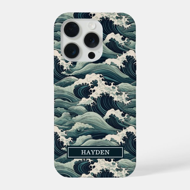 Coque iPhone Imprimé Vagues Japonaises Monogrammé (Verso)
