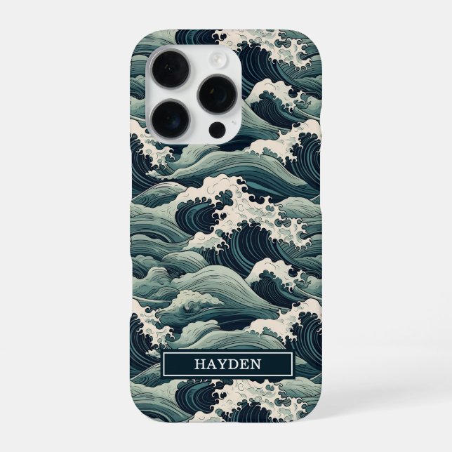 Coque iPhone Imprimé Vagues Japonaises Monogrammé (Verso)