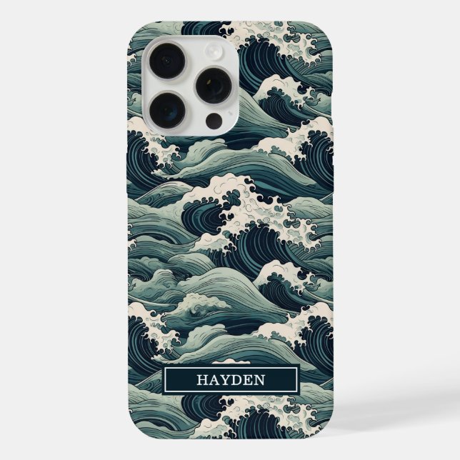 Coque iPhone Imprimé Vagues Japonaises Monogrammé (Verso)