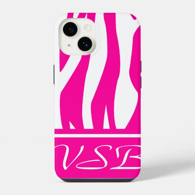Coque iPhone Imprimé zèbre rose chaud avec monogramme (Verso)